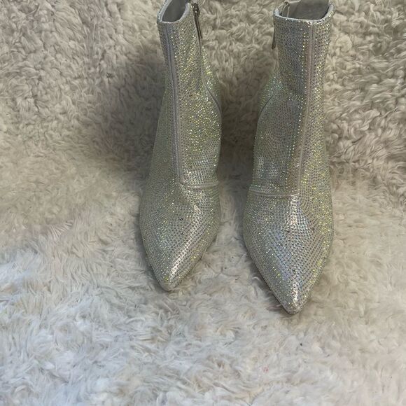 Moda Tope synthetic Silver Rhinestones Ankle Boots pointed toe side zipper SZ9.5 - Picture 15 of 16